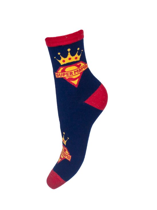 Kolorowe skarpetki damskie super mam,logo super mamy z koroną na górze, z czerwonymi wkończeniami i granatowym jednolitym tłem