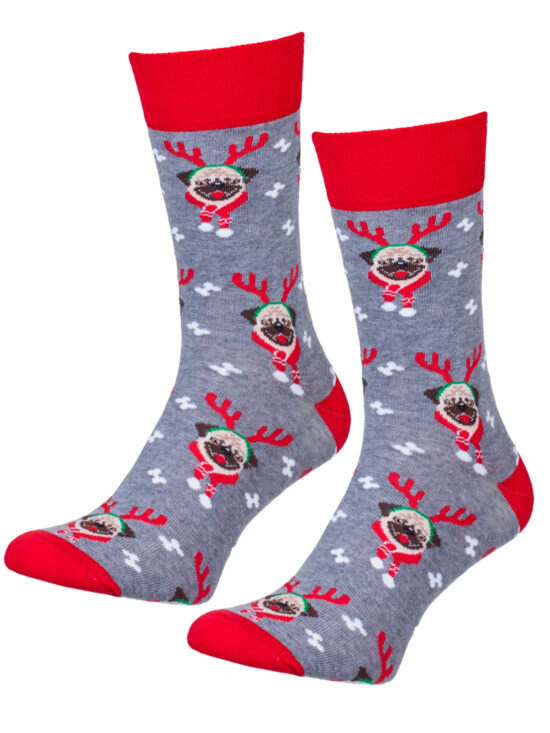 Kolorowe skarpetki męskie świąteczne, szary melanż z czerwonym wykończeniem, mopsy z rogami renifera i szalikiem